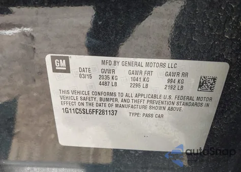 2015 Chevrolet Malibu 1Lt из США, поврежденный, VIN 1G11C5SL6FF281137